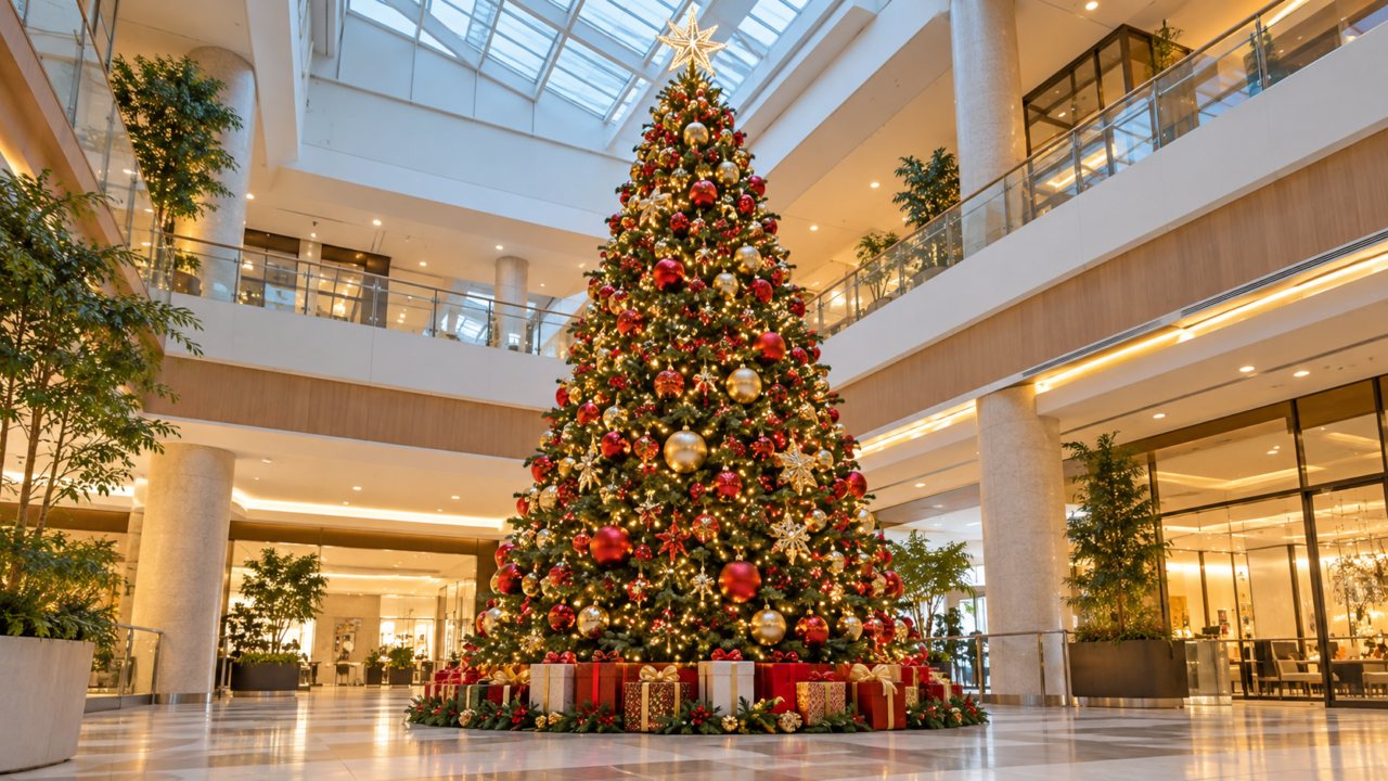 商業施設の吹き抜けに飾られたクリスマスツリー
